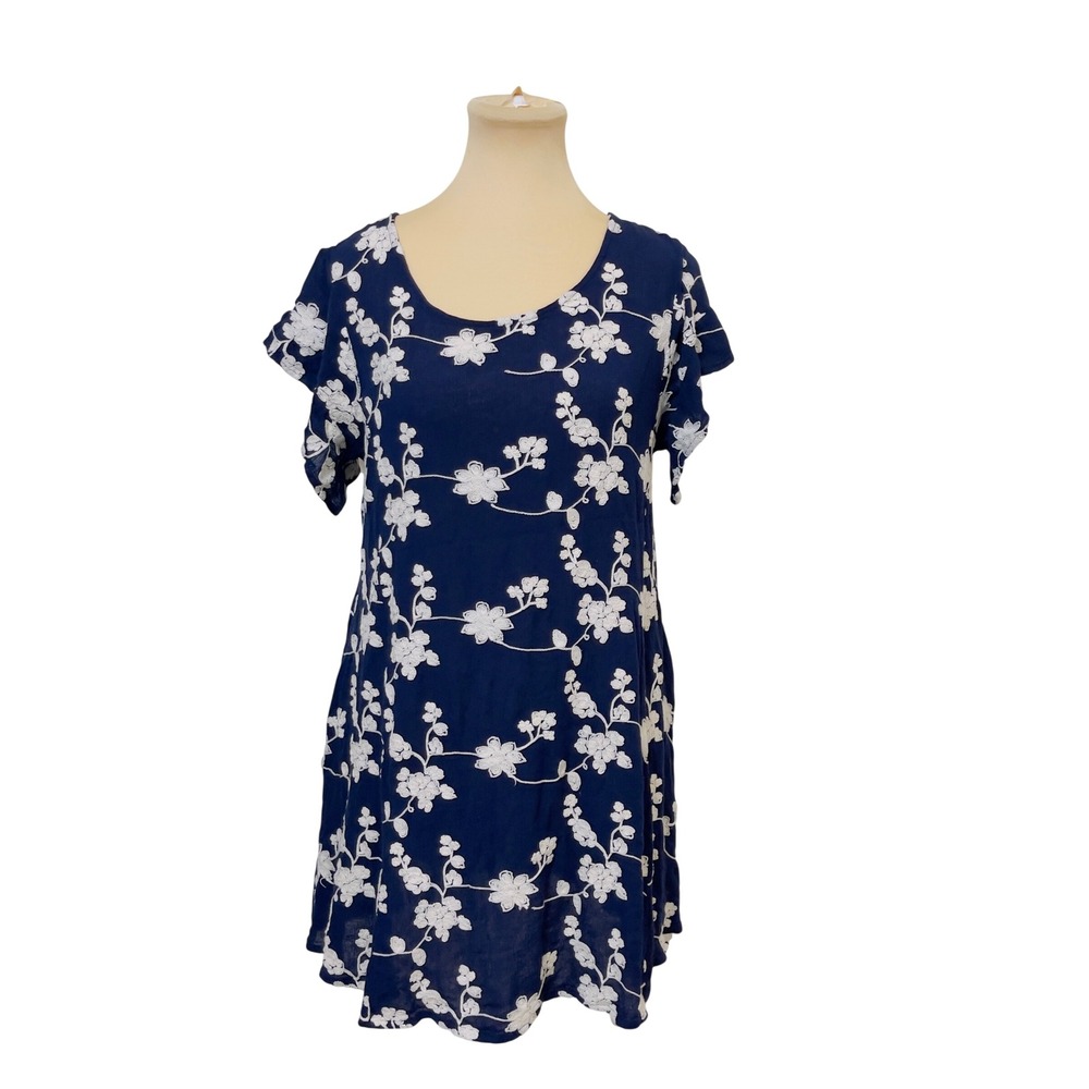 Altar'd State Women Embroidered Floral Mini Dress Size L Navy Blue Boho Dainty
